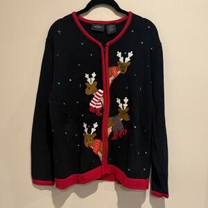 🔥Festive Vintage Reindeer and Santa Black zipper Cardigan with Red Trim